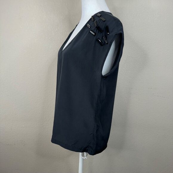 Maje Blouse Black Beaded Shoulder V-Neck Top Whimsygoth Lightweight - Picture 3 of 11